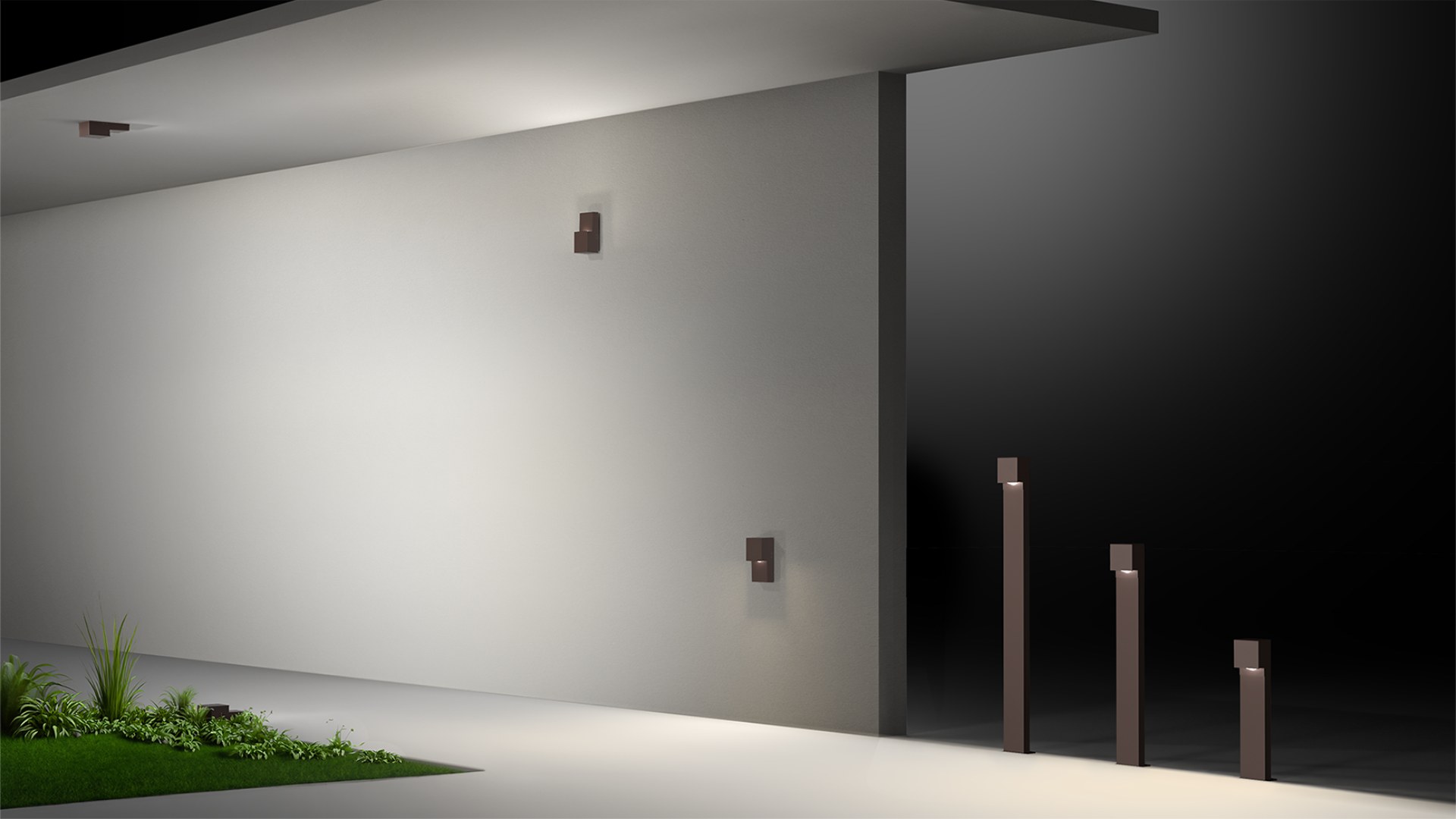 Drift 450, 750 and 1050 bollards in front of a wall