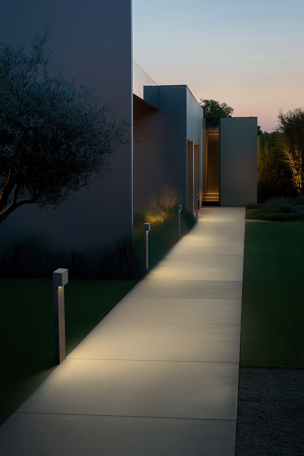 Drift bollards along a garden path at dusk