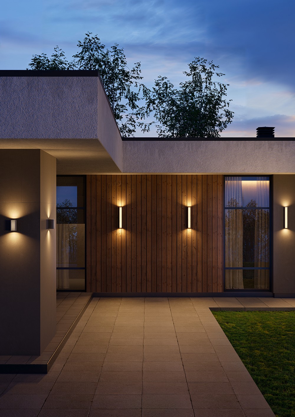 Tilde on a timber facade at dusk